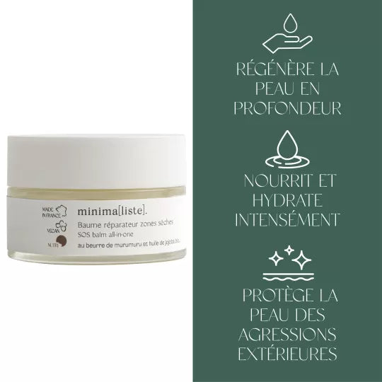 Bénéfices du Baume Réparateur Zones Sèches Minimaliste, baume SOS pour nourrir, réparer et protéger la peau.