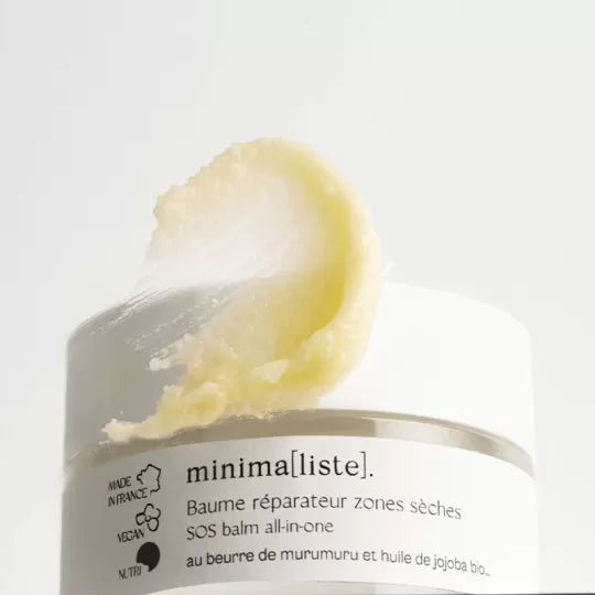 Texture fondante du Baume Réparateur Minimaliste, soin riche pour apaiser et protéger les zones sèches.