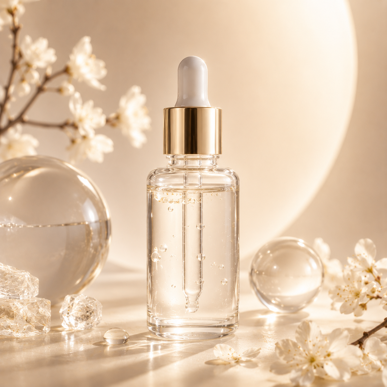 Fiole minimaliste inspirée du niacinamide dans un décor lumineux blanc et nacré avec sphères en verre et fleurs délicates pour illustrer un rituel peau uniforme signé Chang’e.