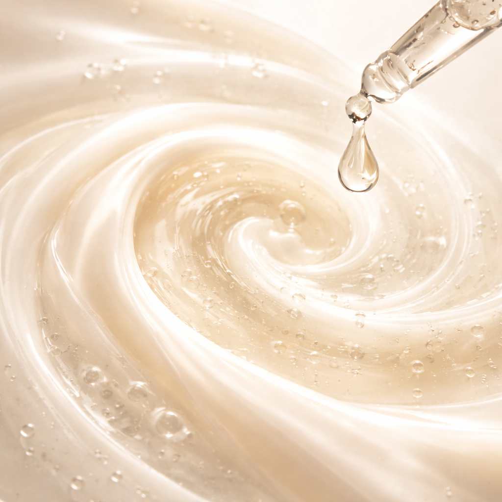 Visuel de la page Nos Exclusions Inura illustrant les dérivés éthoxylés, avec texture crème beige en mouvement.