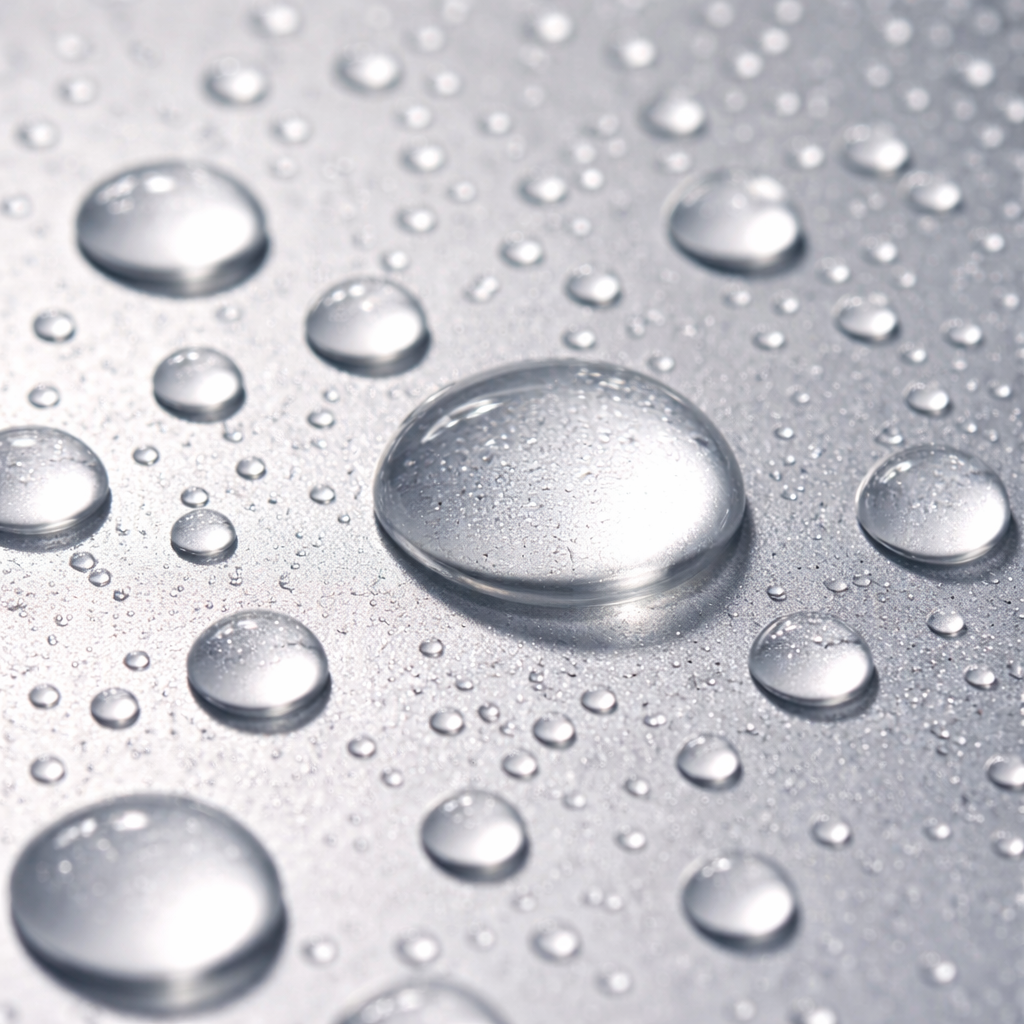 Visuel de la page Nos Exclusions Inura illustrant les PFAS, avec gouttes d’eau sur fond gris clair.