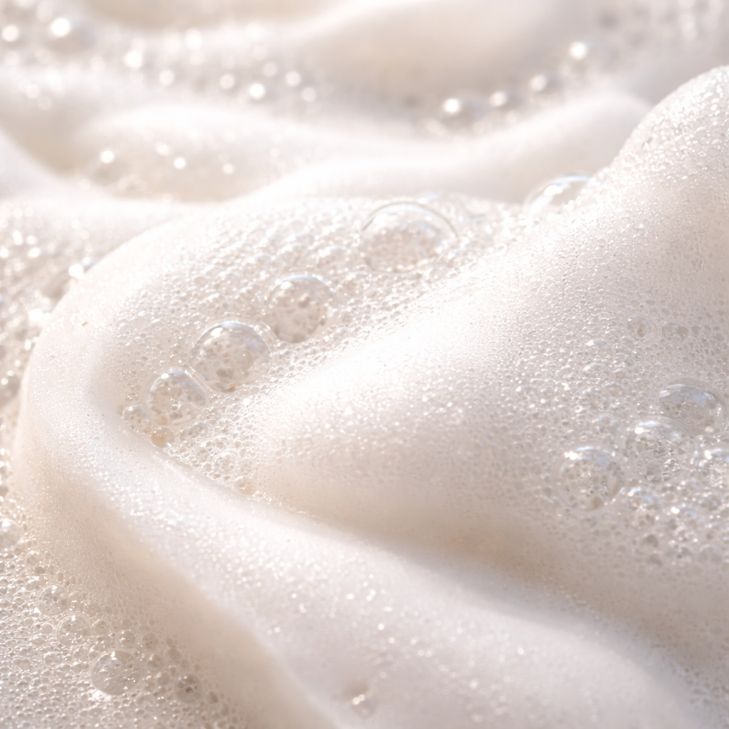 Visuel de la page Nos Exclusions Inura illustrant les sulfates, avec mousse blanche dense évoquant une texture lavante.
