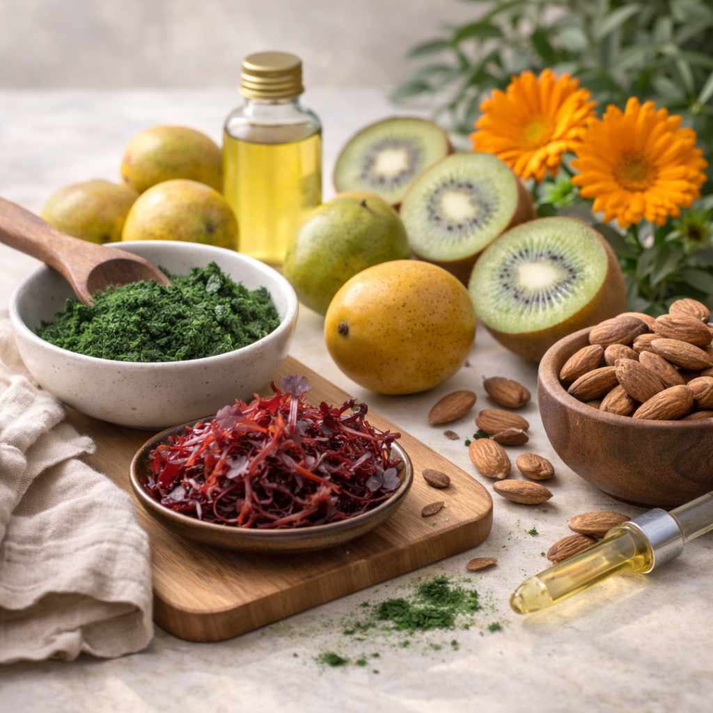 Ingrédients cosmétiques mis en scène de façon épurée pour illustrer un sourcing majoritairement français et européen.