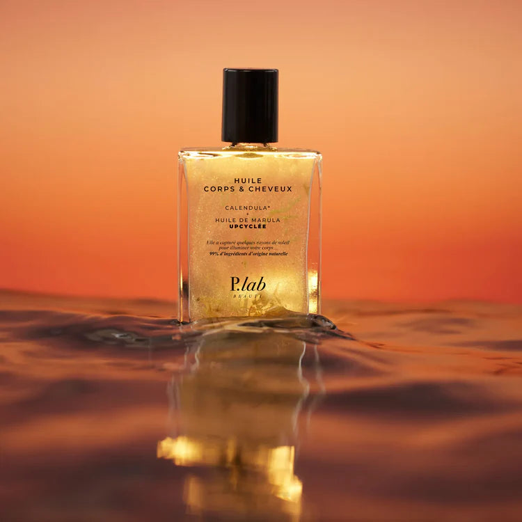 Huile Corps & Cheveux P.Lab Beauty, soin nourrissant au fini lumineux pour la peau et les cheveux.