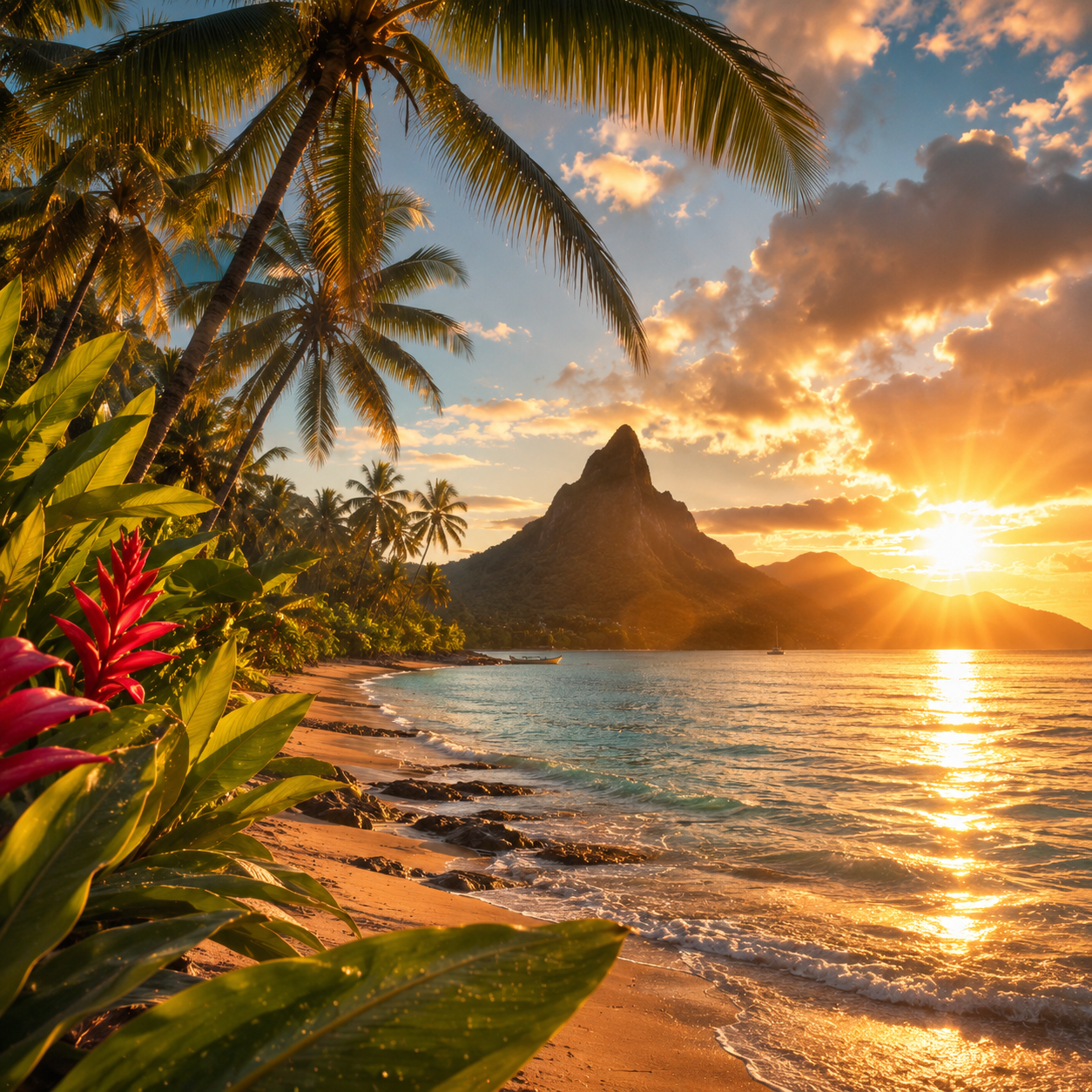 Paysage tropical avec plage, palmiers et lumière dorée sur l’océan au coucher du soleil.