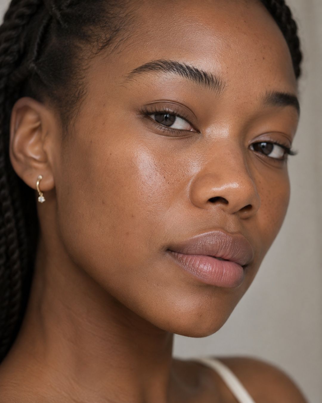 Femme noire avec quelques marques post-boutons et teint irrégulier dans une lumière naturelle