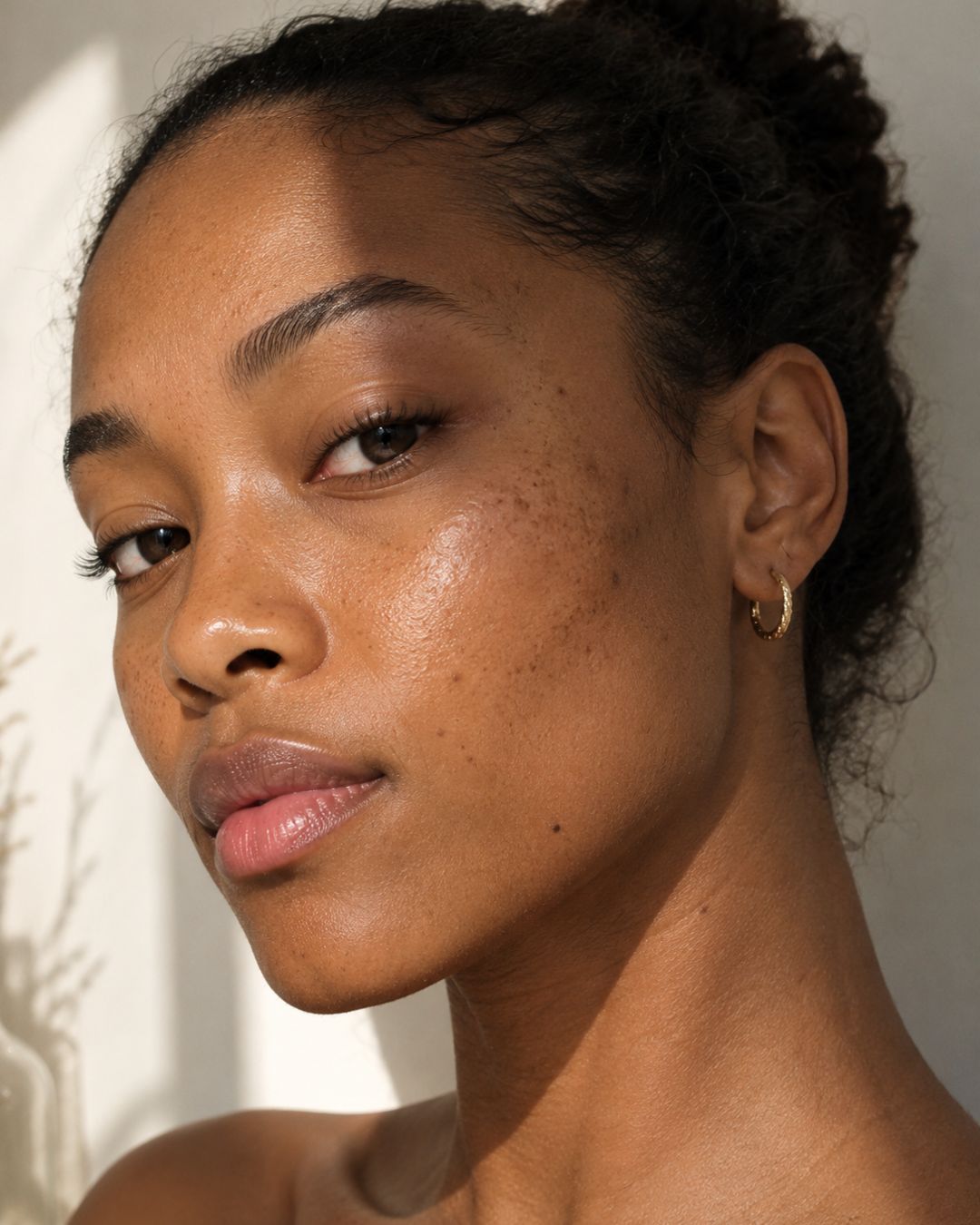Portrait rapproché d'une femme noire à la peau naturellement texturée avec quelques taches pigmentaires visibles, éclairée par une douce lumière naturelle dans une ambiance minimaliste et apaisante.