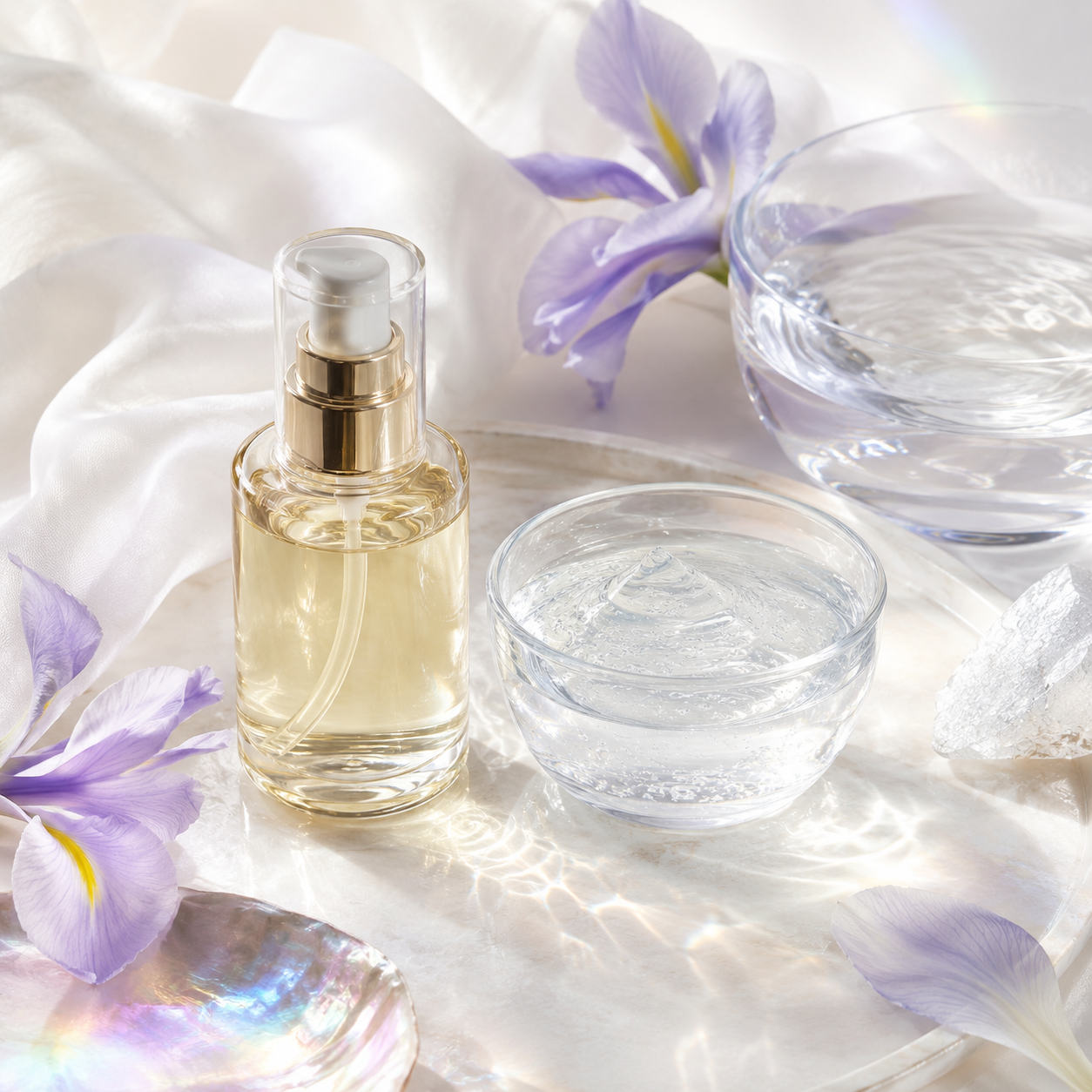 Mise en scène éditoriale du rituel double nettoyage avec huile démaquillante, gel nettoyant transparent, eau fraîche, fleurs d’iris et reflets irisés dans l’univers premium d’Inura.