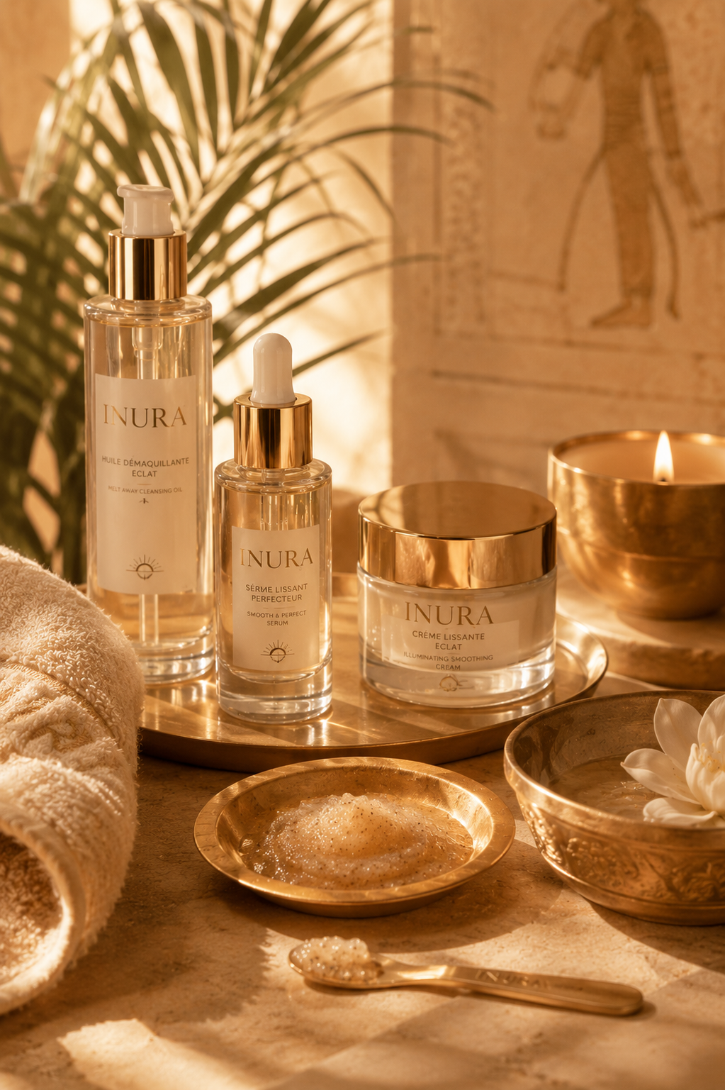 Photo éditoriale de produits de soin dans une ambiance dorée inspirée des rituels de beauté antiques, avec textures exfoliantes, lumière chaude et accessoires précieux