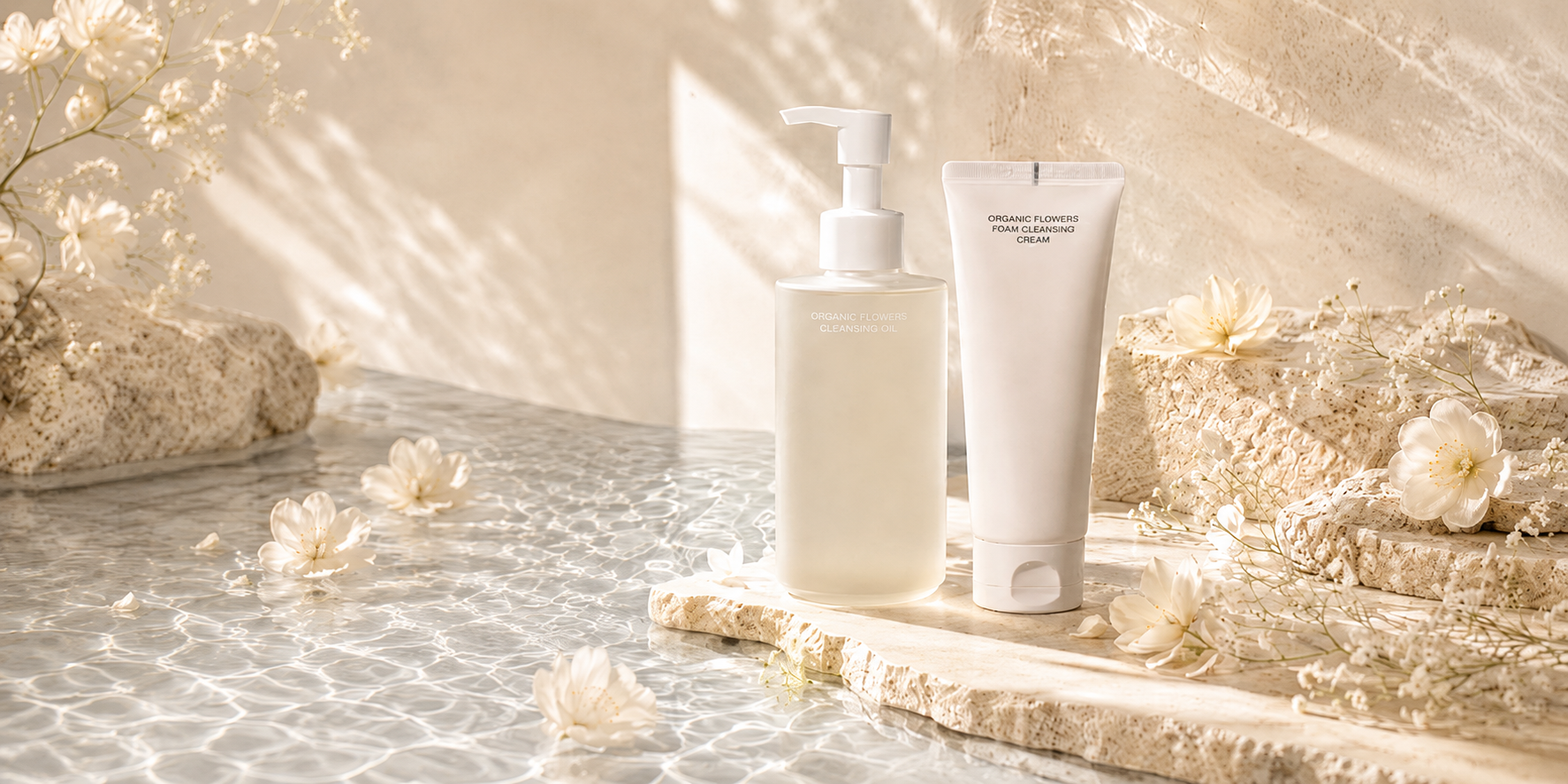 Rituel double nettoyage Whamisa avec huile démaquillante et mousse nettoyante Organic Flowers, sélection clean beauty Inura pour une peau fraîche et lumineuse.