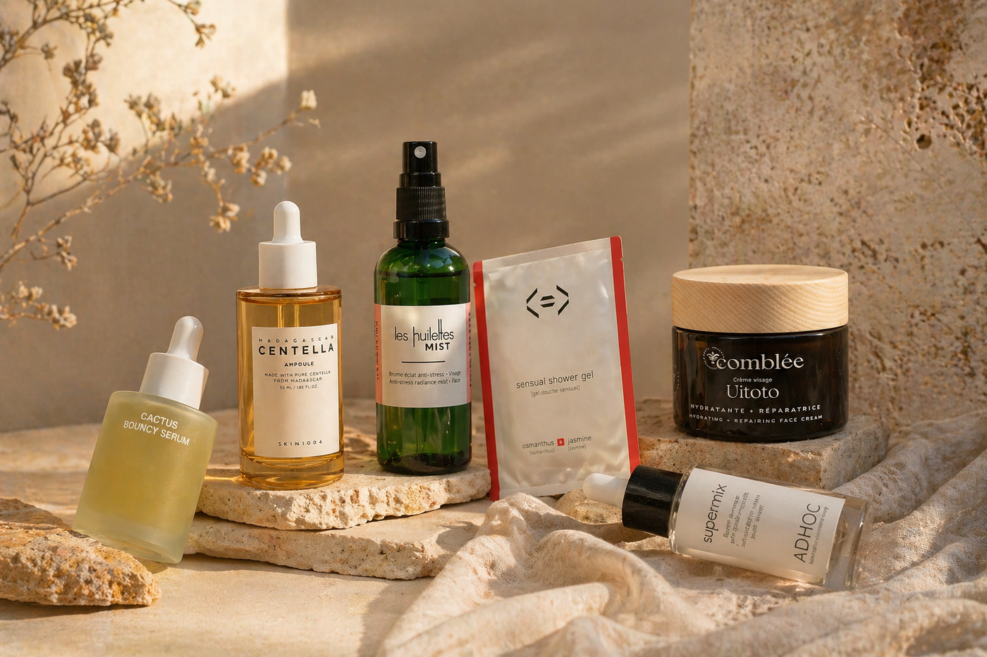 sélection de produits clean beauty Inura posés sur pierre et tissu naturel, routine soin visage naturelle avec huiles, sérum et crème dans une composition éditoriale lumière chaude minimaliste