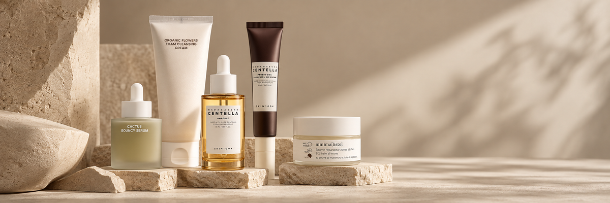 Sélection de soins clean par Inura présentée sur fond minéral