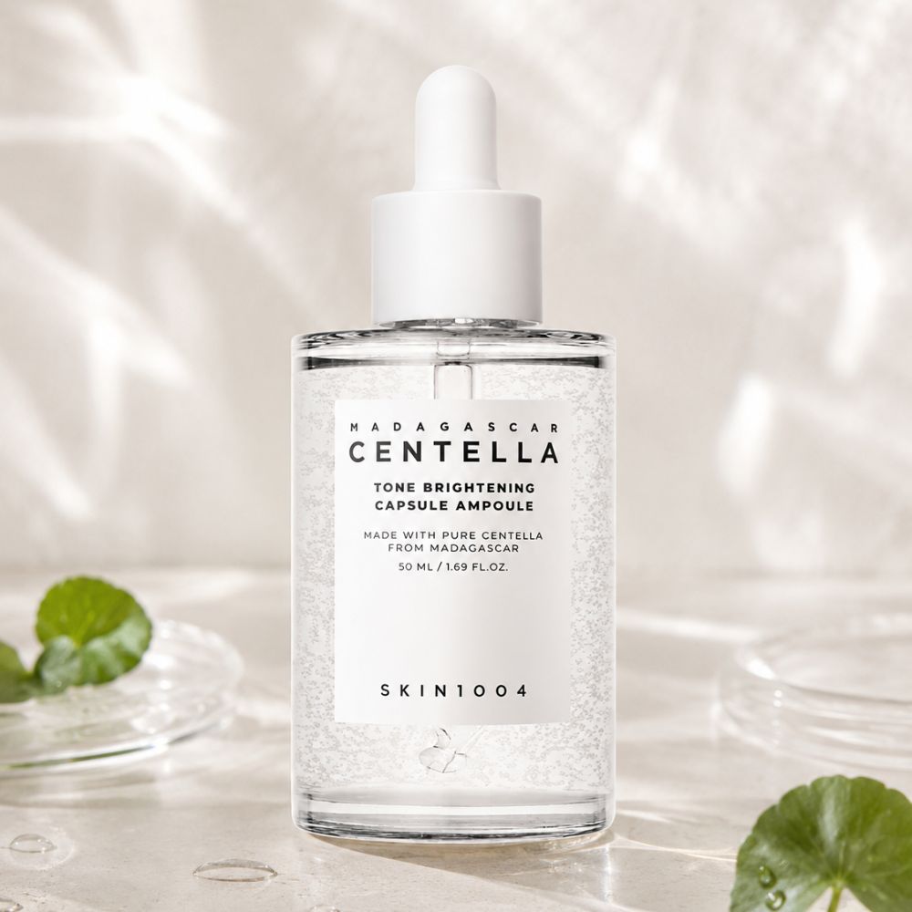 Ampoule éclat SKIN1004 à la centella asiatica de Madagascar, soin visage hydratant pour raviver l’éclat du teint.