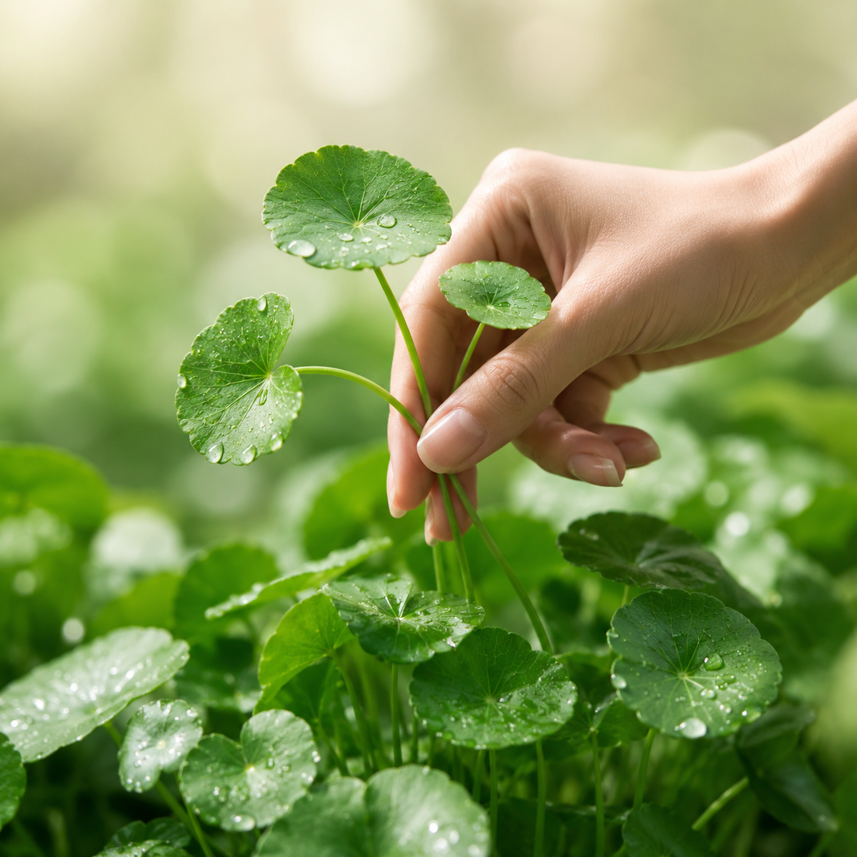 Feuilles de Centella cueillies avec soin pour illustrer une récolte précise et maîtrisée.