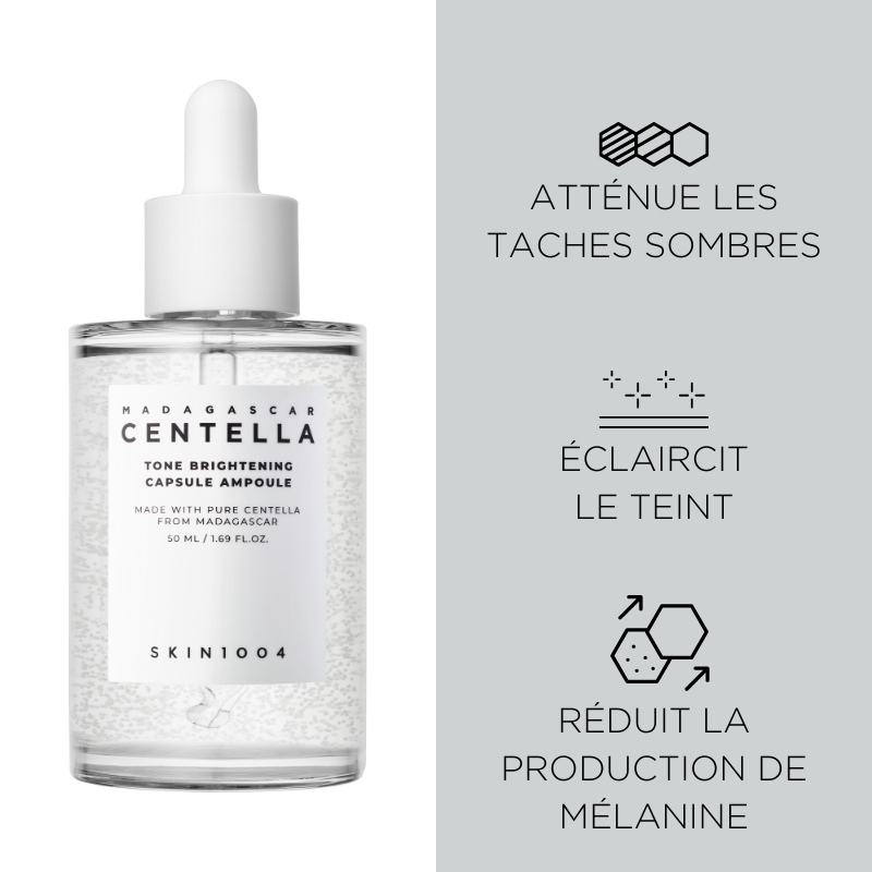 Bénéfices de l’ampoule Tone Brightening SKIN1004, soin visage à la niacinamide et à l’acide tranexamique pour le teint irrégulier.