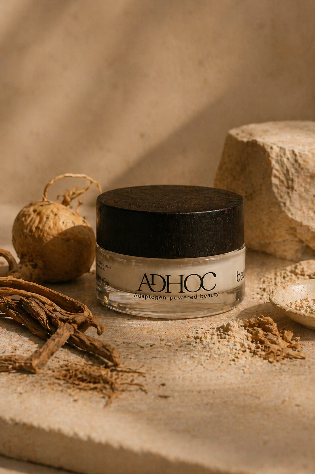 soin visage adaptogène Adhoc avec racines naturelles et poudres végétales, illustrant une formulation clean beauty basée sur des actifs botaniques