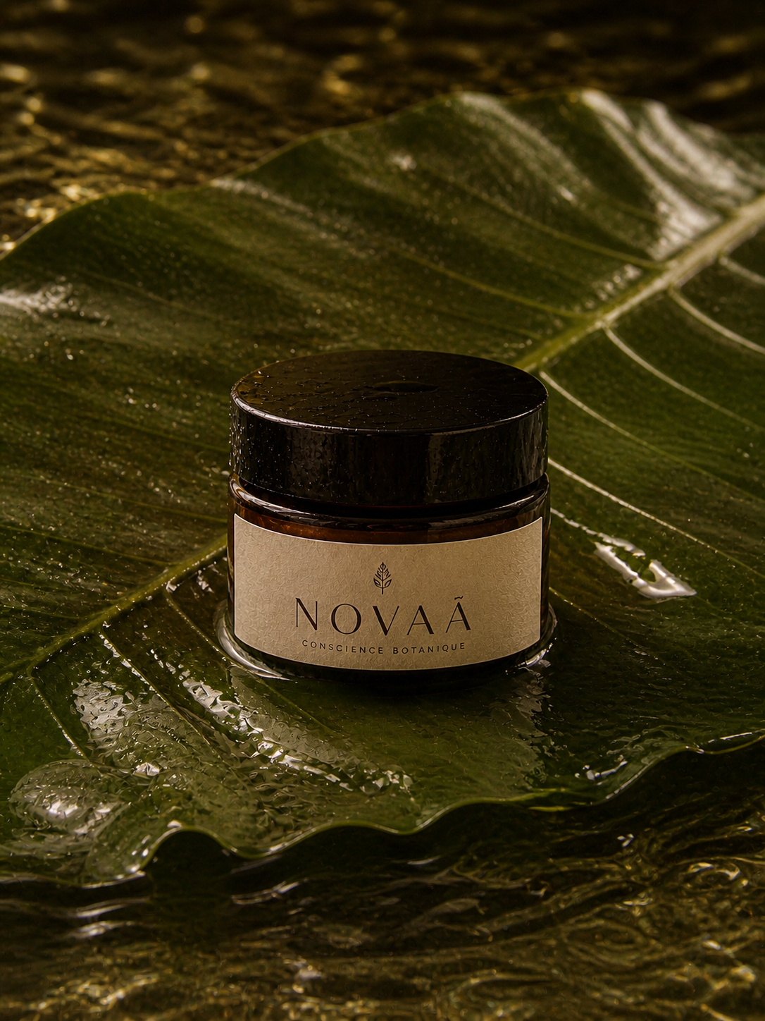 soin cosmétique posé sur une feuille humide illustrant une hydratation naturelle et une approche botanique du soin de la peau