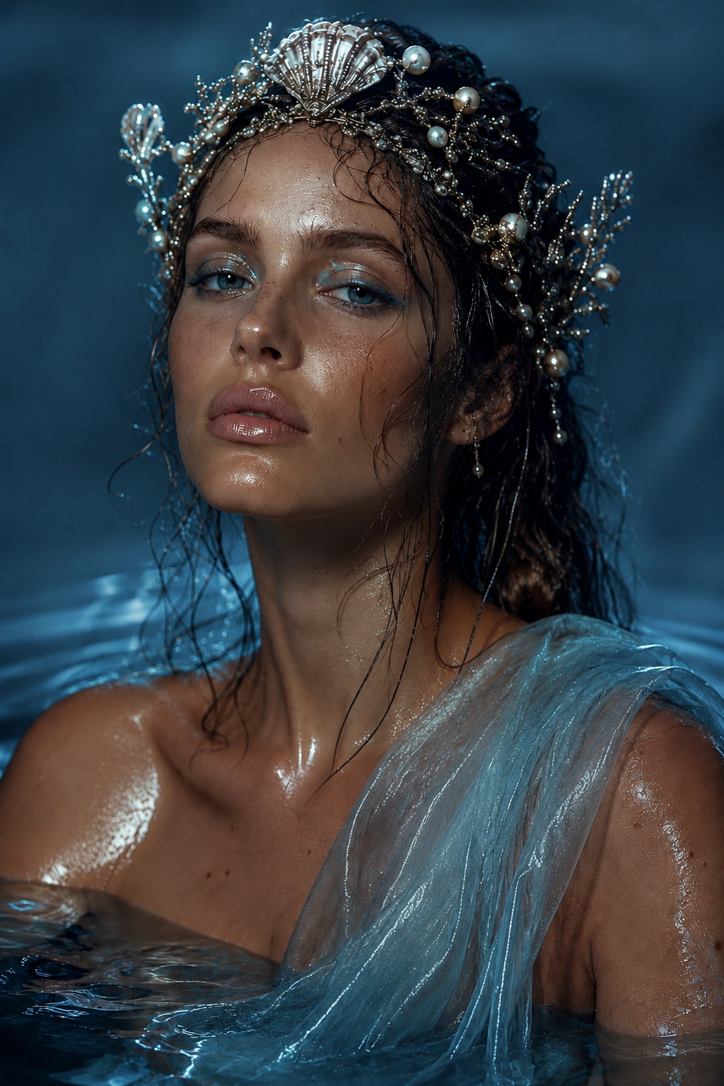 Portrait éditorial de Téthys, déesse des eaux originelles, avec couronne de coquillage et perles, peau lumineuse humide et robe aquatique dans un univers bleu profond.