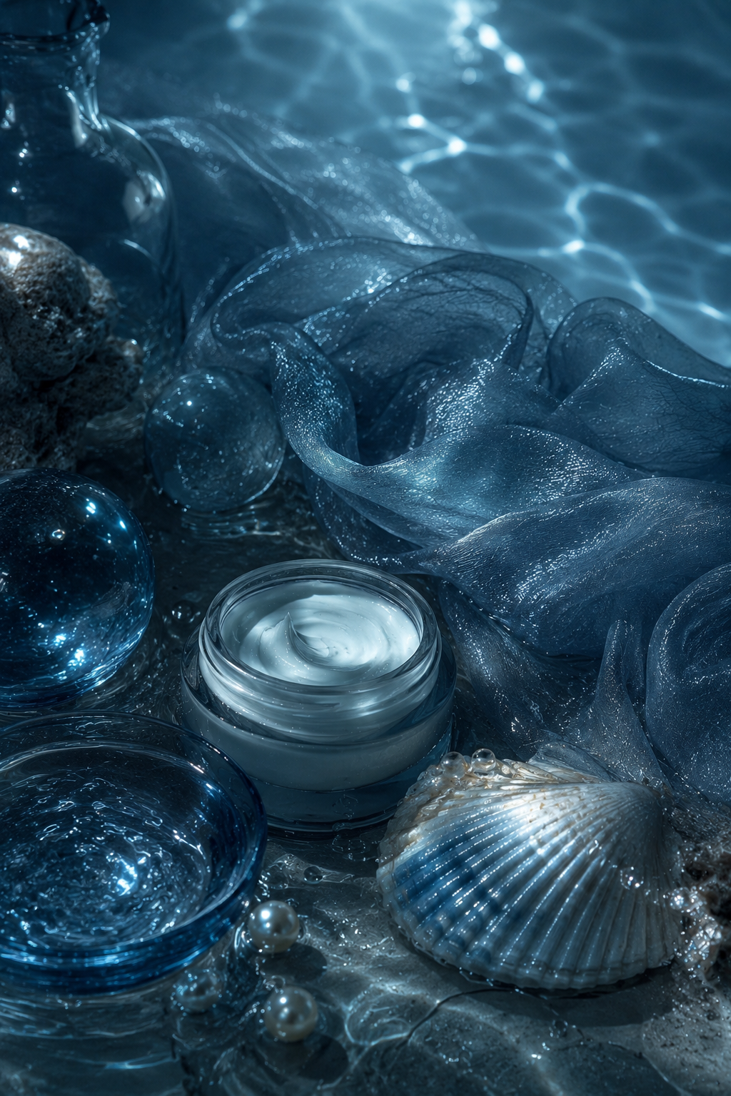 Nature morte éditoriale inspirée de Téthys avec textures aquatiques, verre translucide, minéraux marins et ambiance spa hydratation peau premium.
