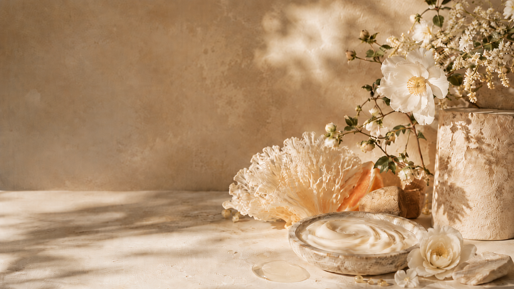 Visuel éditorial pour l’univers visage Inura, avec crème de soin, fleurs blanches et textures naturelles dans une lumière chaude, illustrant les rituels visage clean beauty pour une peau nette, douce et lumineuse.