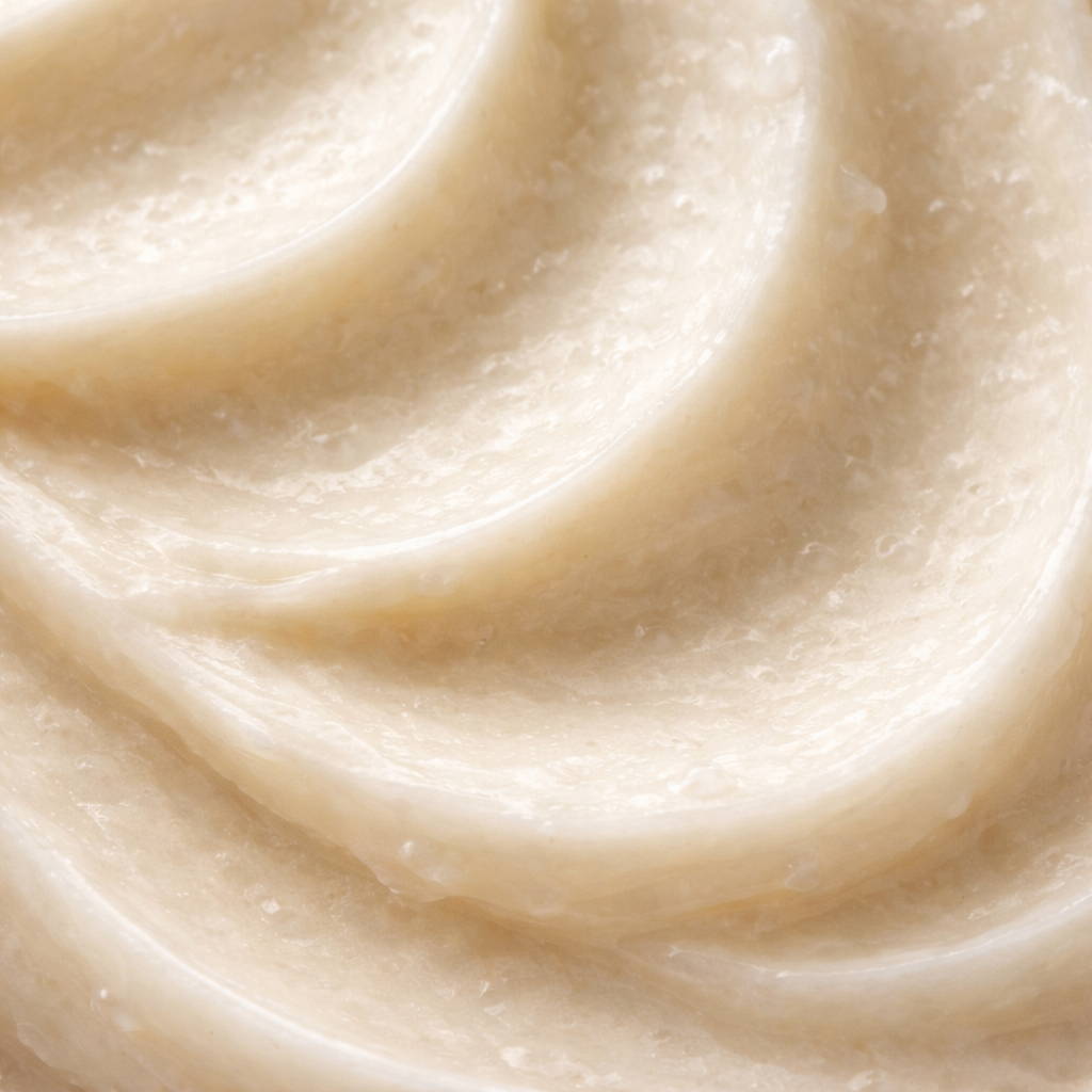Visuel éditorial avec texture de crème beige doré en mouvement, utilisé pour illustrer un article beauté, une texture cosmétique ou un soin nourrissant.