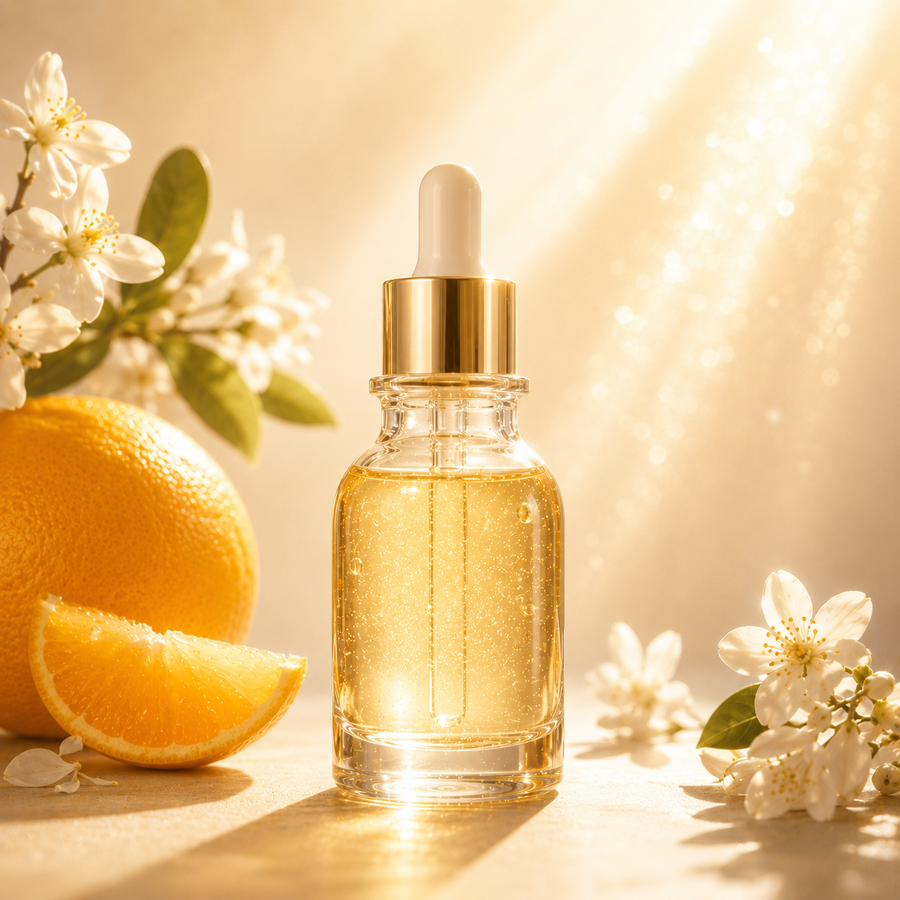 Sérum inspiré de la vitamine C entouré d’agrumes et de fleurs blanches dans une ambiance solaire et dorée évoquant le glow et l’éclat du rituel Chang’e.