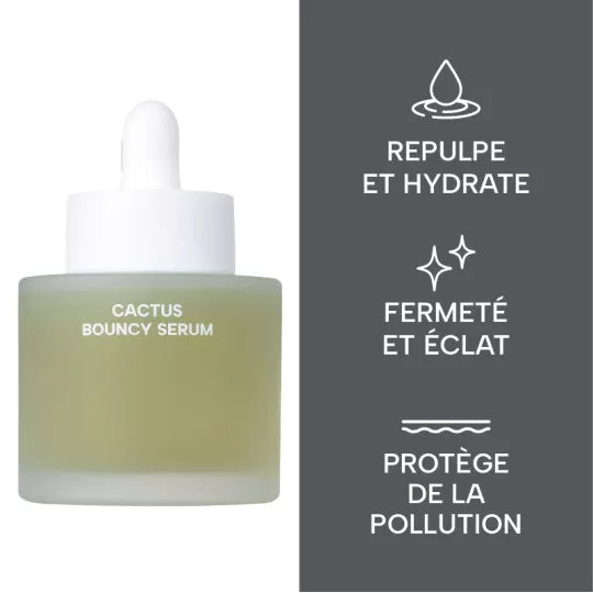 Bénéfices du Cactus Bouncy Serum Whamisa, sérum qui hydrate, repulpe et aide à préserver l’éclat de la peau.