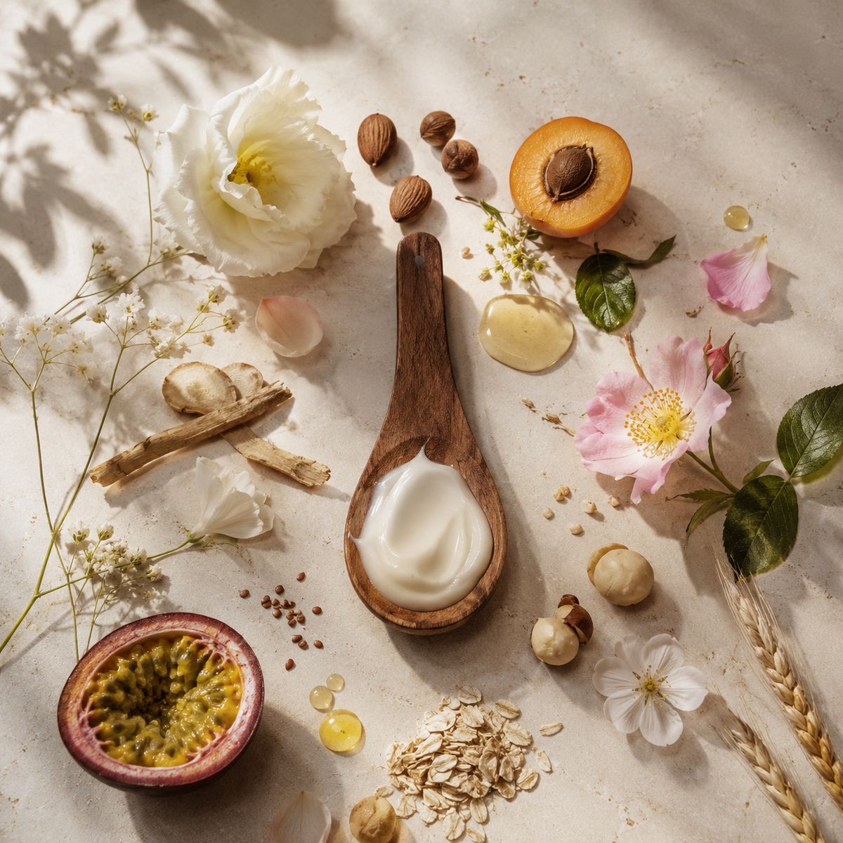 Sélection de d'ingrédients naturels, pour illustrer des soins bio, vegan.