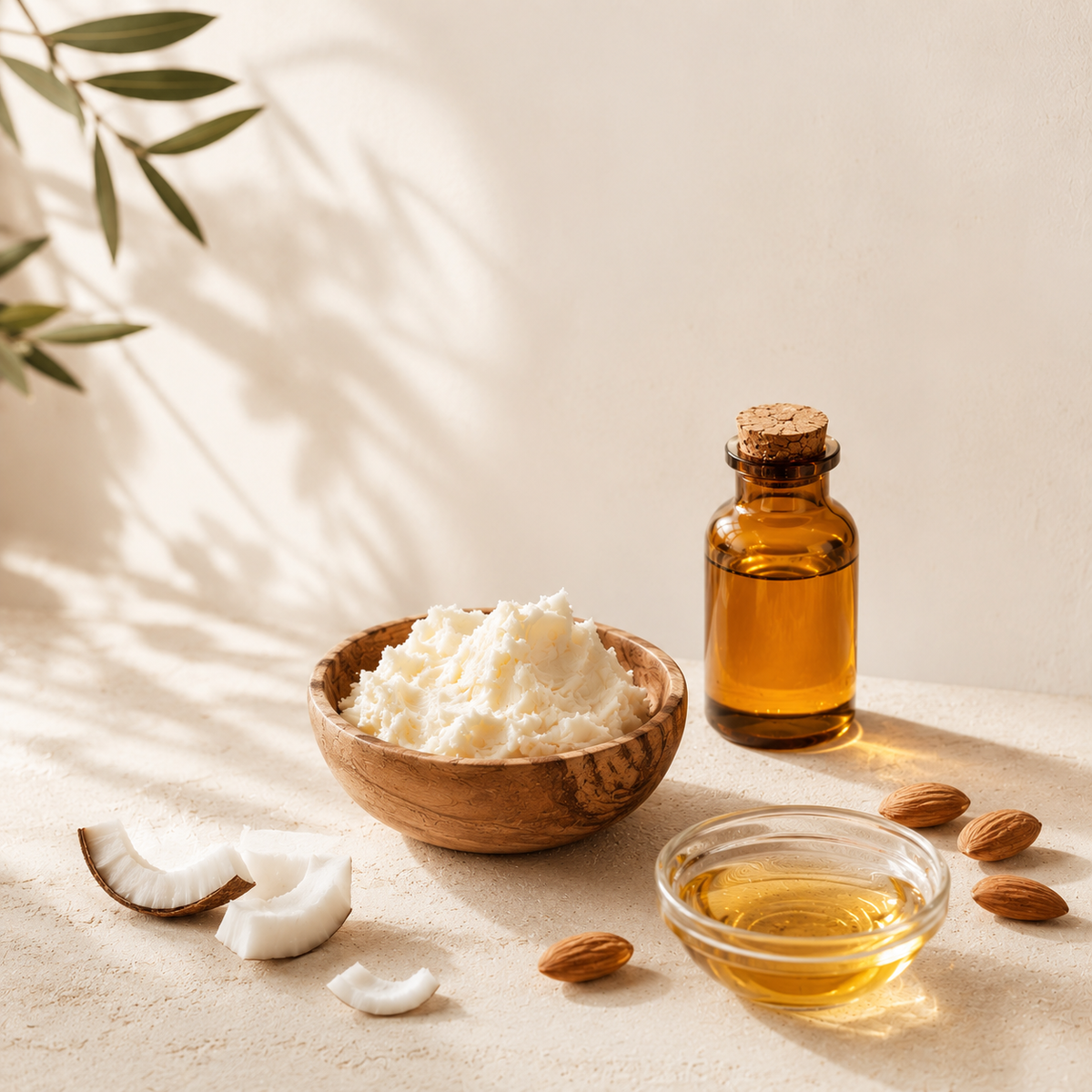 Nature morte premium d’ingrédients cosmétiques naturels avec beurre végétal fouetté, huile dorée, amandes, noix de coco et matières premières bio sur fond minéral beige, dans une lumière douce et sensorielle.