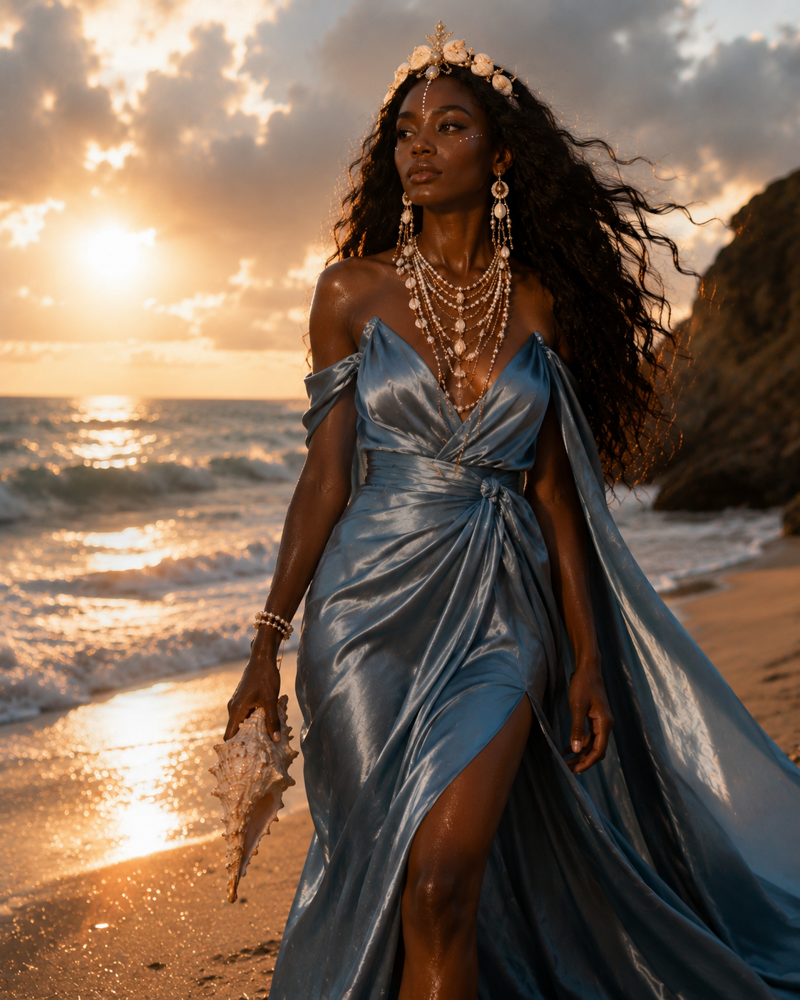 Yemaya marchant sur une plage au coucher du soleil dans une robe satinée bleue inspirée de l’univers marin et tropical