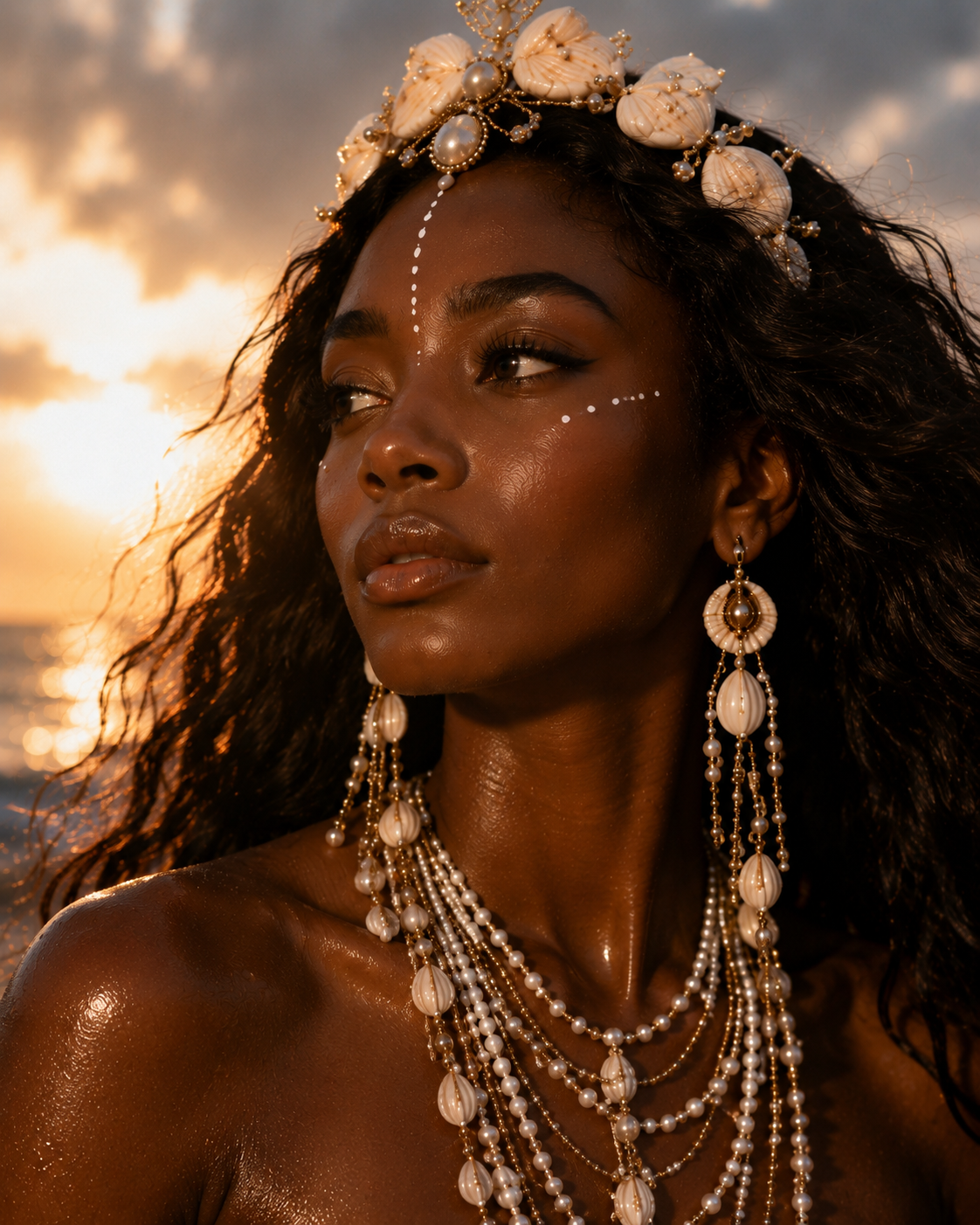 Gros plan portrait de Yemaya de trois quarts dans une lumière dorée, avec bijoux coquillages et ambiance océanique lumineuse