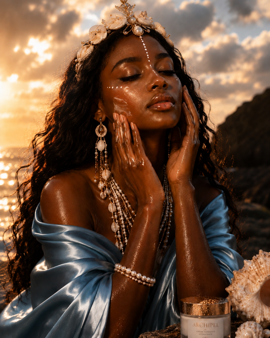 Portrait beauté inspiré de Yemaya appliquant un soin sur son visage dans une ambiance marine lumineuse au coucher du soleil